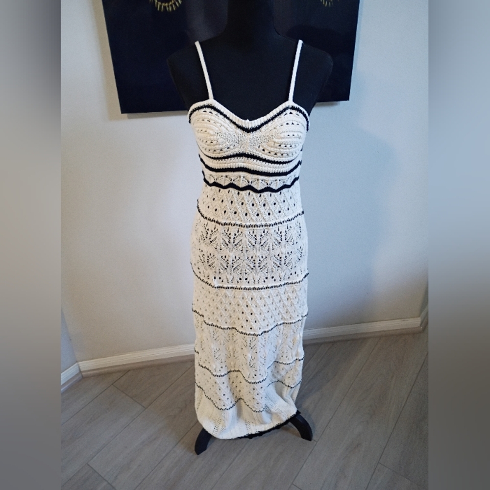 Zara Black and White Crochet Maxi Beach Dress Size M